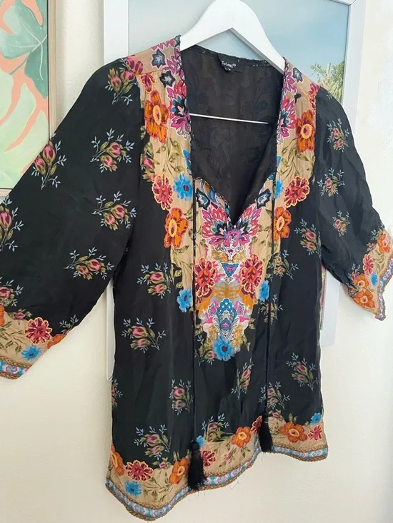 Sundance Tolani Vegan Silk Cupro Floral Embroidered Boho Blouse Top Small - Picture 6 of 10